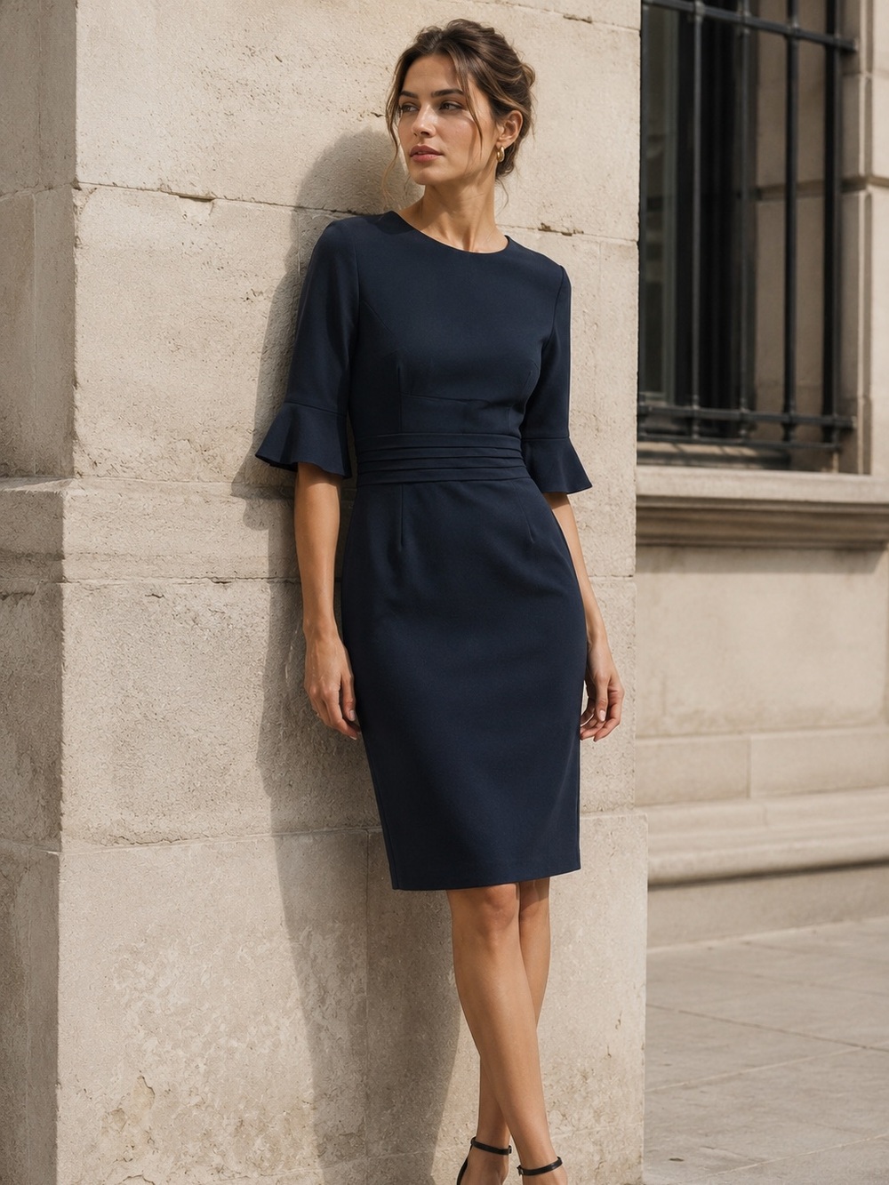 BANANA REPUBLIC Navy Sheath Dress Size 12 Bell Sleeve Ponte Workwear Classic
